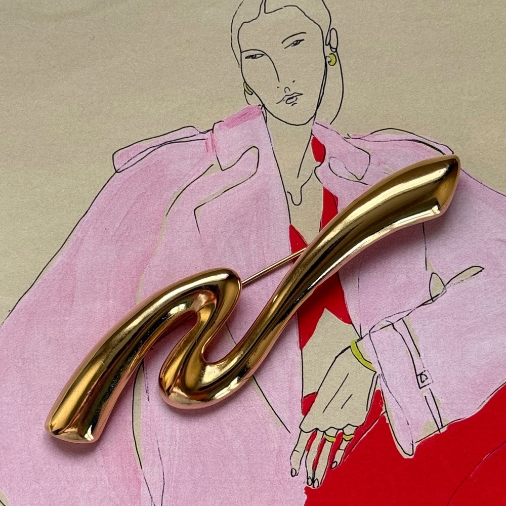 VINTAGE FERNANDO ORIGINALS Brooch Abstract Scribble Polished Gold Metal 80s